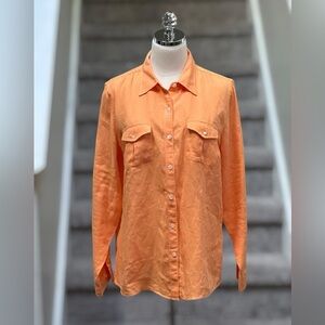 L.L.Bean 100% Linen Long Sleeve Button Up Shirt Women’s L Orange Coastal Cottage